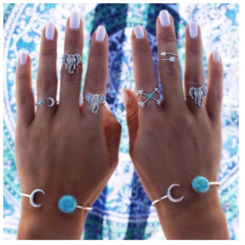 BOUTIQUE Cosmetic Antique Silver 6Pc Elephant Tribal Midi Ring Set NEW